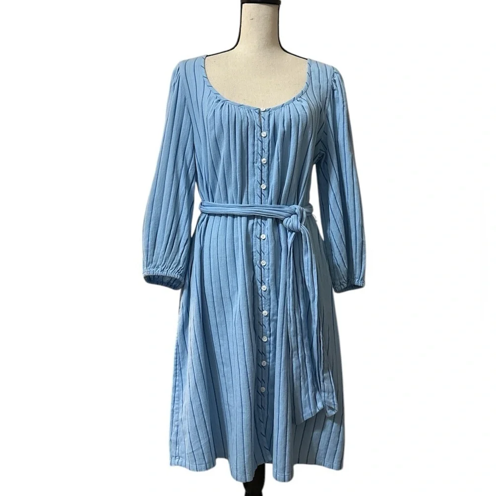 J. Crew Balloon Sleeve Tie Waist Cotton Dress in Blue Pinstripe size Medium